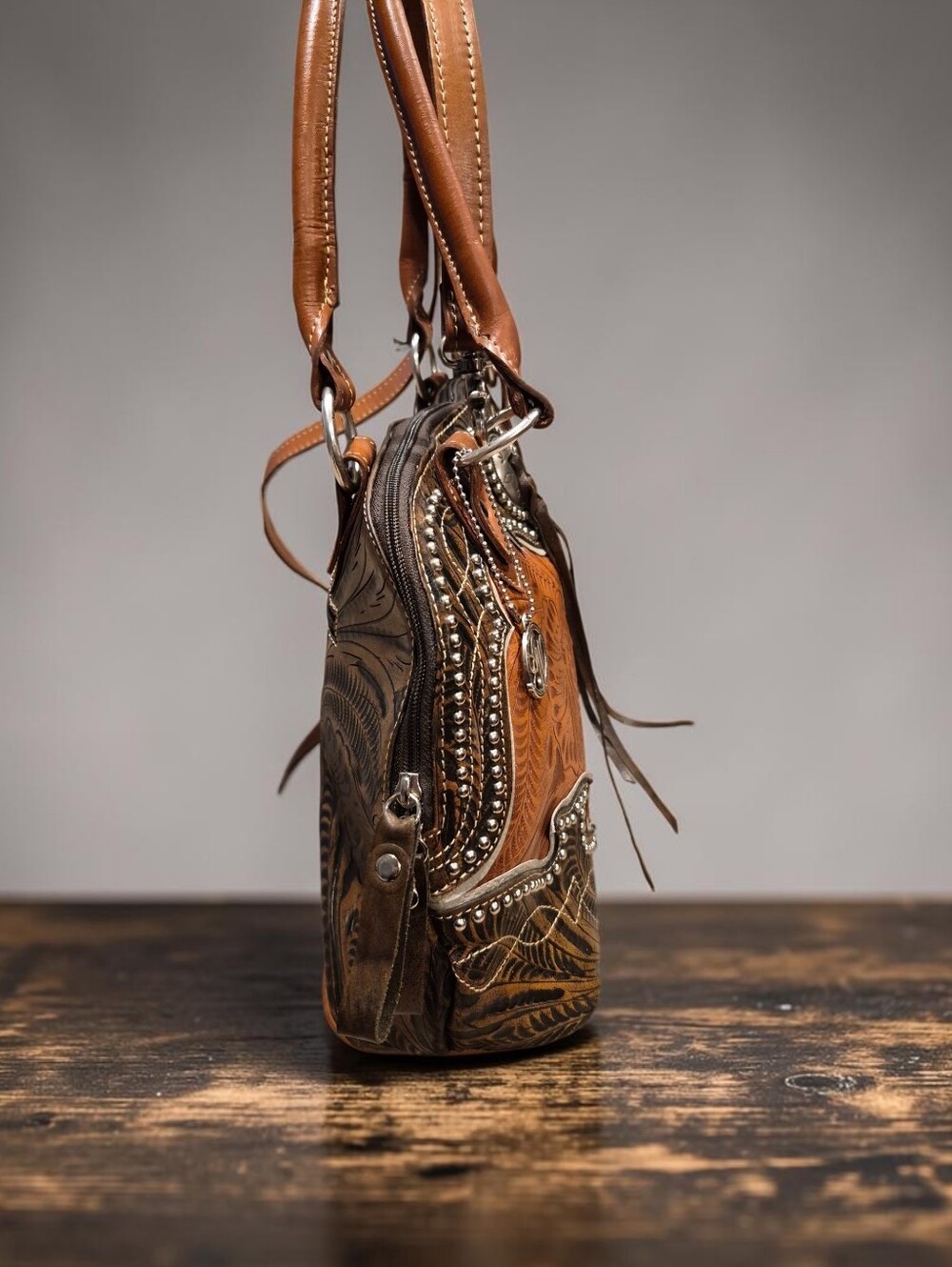 American West Desert Wildflower Leather Boho Satchel Crossbody - Picture 5 of 11